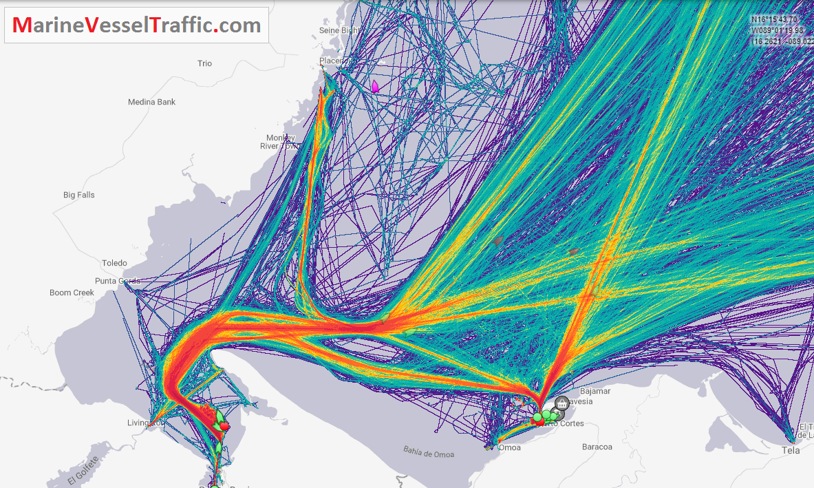 Live Marine Traffic, Density Map and Current Position of ships in GULF OF HONDURAS